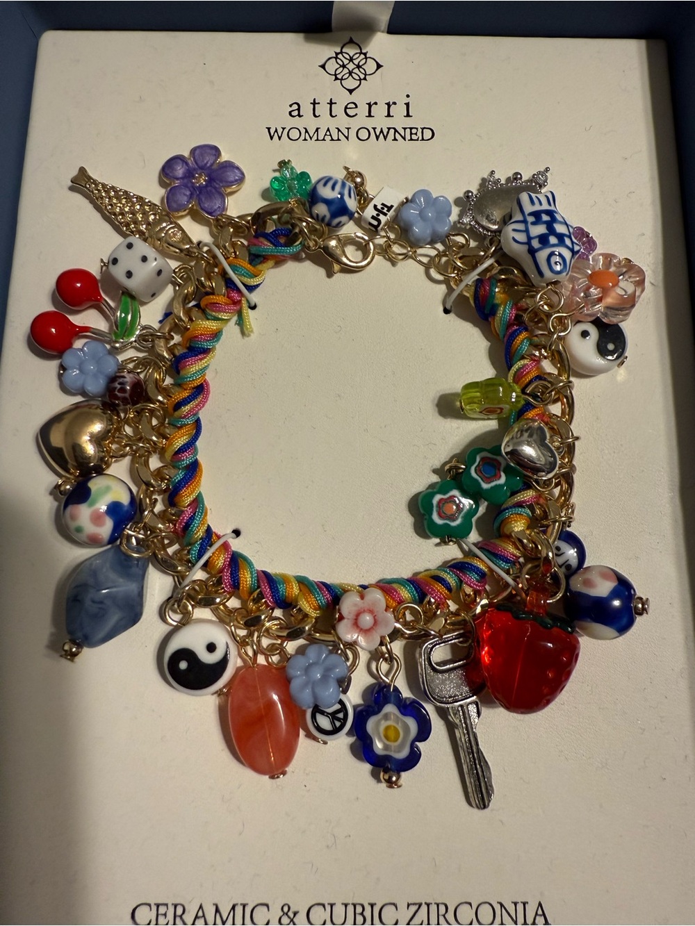 NIB ATTERRI VIRAL CHARM BRACELET GOLDTONE COLORFUL EVIL EYE YING YANG KEY